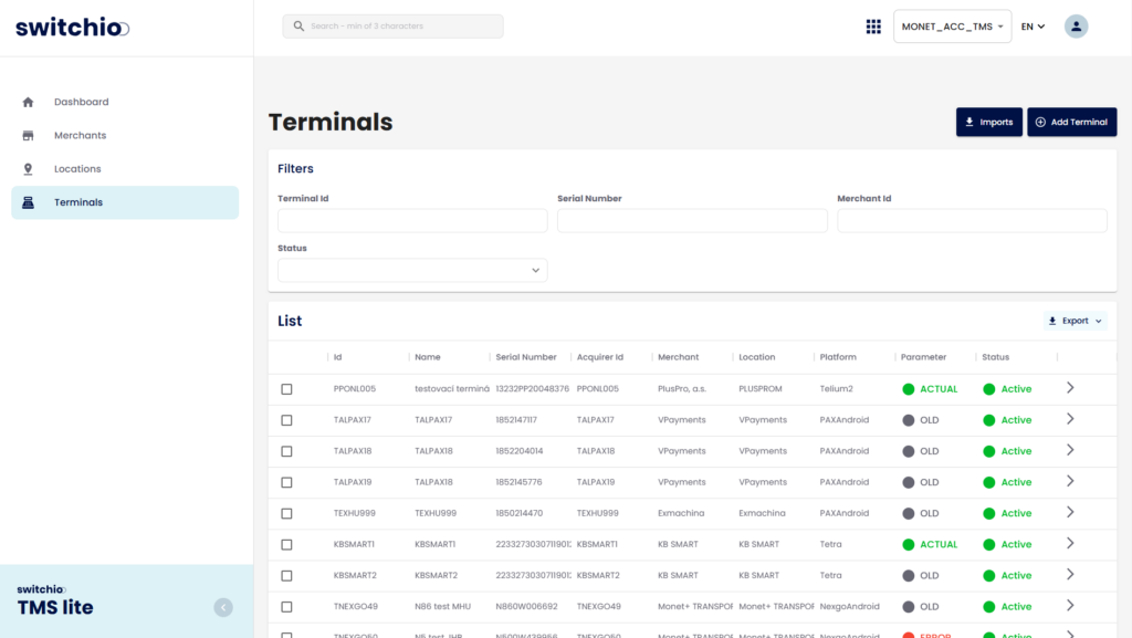 List of Terminals in TMS Lite